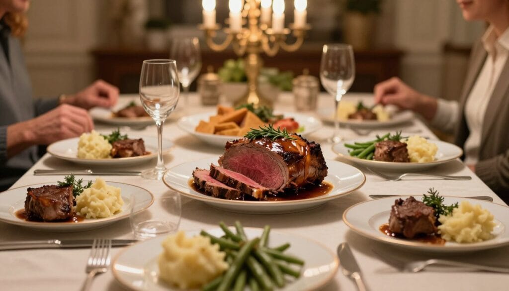 A beautifully arranged dinner table set for a roast beef dinner, focusing on portions for each person. In the foreground, highlight several plates, each with a generous serving of succulent roast beef, garnished with fresh herbs and accompanied by traditional sides like mashed potatoes and green beans. In the middle, show elegant serving platters filled with sliced roast beef, invitingly presented with glistening juices. The background should feature a softly lit dining room ambiance with warm, golden light filtering through an elegant chandelier, creating a cozy and inviting atmosphere. Use a shallow depth of field to emphasize the delicious roast beef servings while keeping the background slightly blurred, evoking a sense of warmth and fine dining.