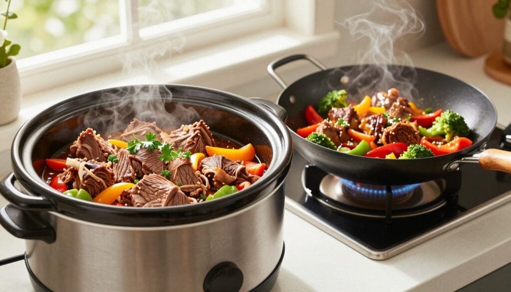 A beautifully arranged kitchen counter showcasing two distinct preparation methods for knuckle meat. In the foreground, a slow cooker filled with tender, shredded beef, garnished with fresh herbs and colorful vegetables, emits a warm steam, hinting at the rich flavors. Beside it, a vibrant stir-fry dish in a gleaming wok, featuring diced knuckle meat, bell peppers, and broccoli, all glistening with sauce. The background features soft, natural lighting streaming through a window, creating a cozy atmosphere. The scene is shot from a slightly elevated angle, capturing the sumptuous textures of the dishes, and inviting viewers into a culinary adventure. This image conveys warmth, creativity, and the versatility of knuckle meat recipes, inspiring home cooks.