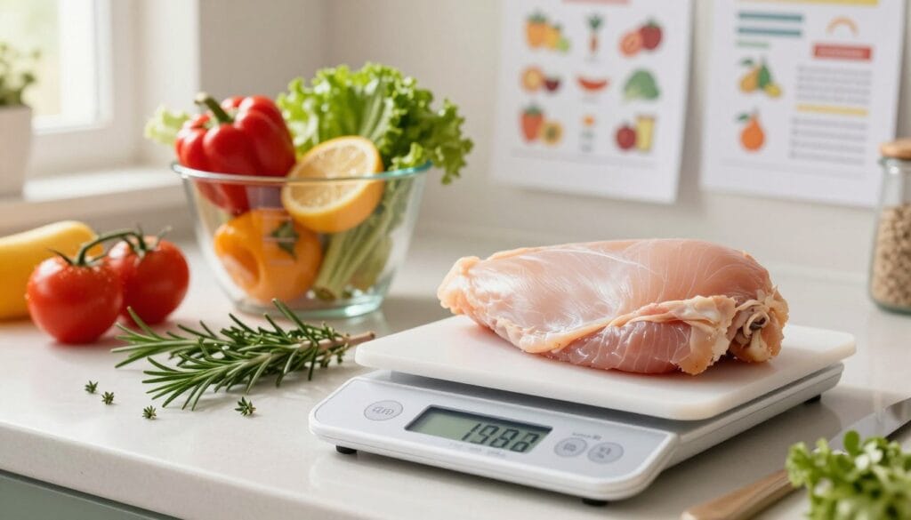A beautifully arranged kitchen countertop scene showcasing a fresh boneless, skinless chicken breast placed on a cutting board. In the foreground, a digital kitchen scale displays the weight, with an emphasis on calculating calories. Include fresh herbs like rosemary and thyme scattered around and a measuring cup filled with bright, colorful vegetables in the middle ground. In the background, soft-focus images of nutritional guides and charts on a kitchen wall, softly illuminated by warm, natural light coming from a nearby window. The overall mood should be vibrant and healthy, conveying a sense of freshness and nutrition, while the angle should be slightly above eye level, focusing on the chicken and its surroundings.