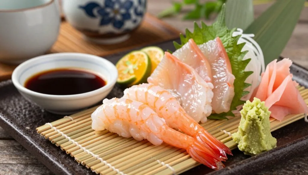 A beautifully arranged plate of Japanese shrimp sashimi, featuring delicate slices of translucent pink shrimp garnished with finely grated wasabi and a small dish of soy sauce on the side. In the foreground, the sashimi is artfully presented atop a bamboo mat, with edible flowers and shiso leaves enhancing the color. The middle ground includes traditional condiments like yuzu citrus wedges and pickled ginger, blending harmoniously with the sashimi. The background softly displays traditional Japanese ceramics and a hint of natural greenery for an authentic atmosphere. The image is lit with soft, diffused natural light, capturing the freshness of the ingredients, with a slightly elevated angle for a tastefully composed shot that evokes a sense of calm and culinary elegance.