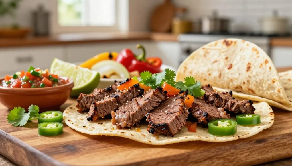 A beautifully arranged plate of beef fajita tablitas, showcasing tender slices of marinated beef grilled to perfection, garnished with vibrant colors. In the foreground, the tabliitas lie on a rustic wooden surface, complemented by fresh cilantro, sliced jalapeños, a sprinkle of lime wedges, and a side of homemade salsa. Warm, soft tortillas are artfully stacked nearby, invitingly warm. In the middle ground, a hint of colorful side dishes such as grilled peppers and onions add texture. The background features a softly blurred kitchen setting, with warm, natural light streaming through a window, creating a cozy and inviting atmosphere. The composition should evoke a sense of indulgence and culinary excitement, with a focus on freshness and savoriness.