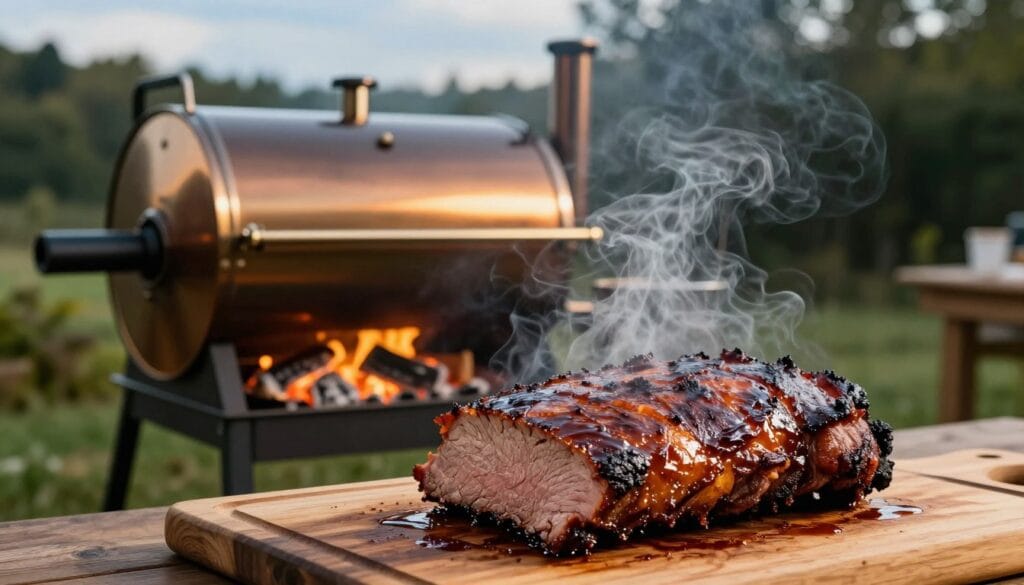 A beautifully arranged scene of smoked corned beef brisket cooking in a traditional smoker. In the foreground, there's a juicy, caramelized brisket with a rich, smoky glaze, resting on a wooden cutting board. The brisket emits wisps of fragrant smoke, hinting at the slow cooking process. In the middle ground, the smoker is adorned with a shiny metallic finish, surrounded by glowing embers and wood chips. The background reveals a lush, green outdoor setting with a hint of a blue sky, creating a serene atmosphere. The lighting is warm and inviting, reflecting the golden hour, while the angle captures both the brisket and smoker from a slightly elevated perspective, perfect for showcasing the cooking mastery and mouth-watering appeal of the dish. The overall mood is one of anticipation and culinary delight.