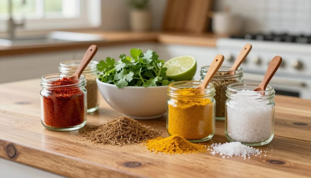 A beautifully arranged selection of DIY chicken taco seasoning mix ingredients displayed on a rustic wooden kitchen countertop. In the foreground, close-up views of vibrant spices: deep red paprika, earthy cumin, bright yellow turmeric, and coarse sea salt, all in small glass jars with wooden spoons. In the middle, a bowl of fresh cilantro and a sliced lime for added freshness. The background features a softly blurred kitchen with warm, natural lighting streaming through a window, creating a cozy atmosphere. The image conveys a sense of hominess, emphasizing the freshness and simplicity of homemade seasoning, free from additives. The composition is shot from a slightly elevated angle to capture the vibrant colors and textures of the ingredients.