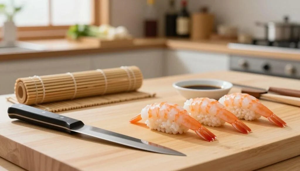 A beautifully arranged sushi preparation scene featuring essential tools for creating raw shrimp sushi. In the foreground, a sharp sushi knife rests next to a wooden cutting board, with fresh, uncooked shrimp displayed artistically around it. In the middle, traditional bamboo rolling mats and a small bowl of soy sauce add to the ambiance. The background showcases a softly lit kitchen with blurred shelves holding condiments and ingredients, creating a warm, inviting atmosphere. Soft, natural light filters in from a nearby window, highlighting the textures of the shrimp and tools. The composition should evoke a sense of culinary artistry and precision, with a focus on the craftsmanship of sushi-making.