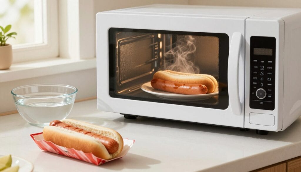 A bright and inviting kitchen setting showcasing a microwave prominently in the foreground. On the countertop, a pack of hot dogs is opened, revealing plump, juicy sausages. A clear glass bowl filled with water is placed next to the microwave, emphasizing the quick cooking method. In the middle ground, the microwave door is slightly ajar with a steaming hot dog resting on a microwave-safe plate inside. The background features warm lighting, creating a cozy atmosphere; consider soft natural light filtering through a window. The scene captures a sense of convenience and speed, visually instructing viewers on the microwave cooking process without any distractions, such as text or watermarks. A bright and inviting kitchen setting showcasing a microwave prominently in the foreground. On the countertop, a pack of hot dogs is opened, revealing plump, juicy sausages. A clear glass bowl filled with water is placed next to the microwave, emphasizing the quick cooking method. In the middle ground, the microwave door is slightly ajar with a steaming hot dog resting on a microwave-safe plate inside. The background features warm lighting, creating a cozy atmosphere; consider soft natural light filtering through a window. The scene captures a sense of convenience and speed, visually instructing viewers on the microwave cooking process without any distractions, such as text or watermarks.