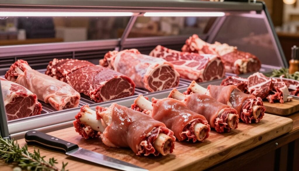 A butcher counter displaying an enticing selection of boneless beef peeled knuckles. In the foreground, showcase neatly arranged, glistening pieces of tender knuckle meat, emphasizing their marbled texture and rich color. Add a butcher's cutting board with a sharp knife and some herbs for a touch of freshness. In the middle ground, include a well-organized display of various cuts of meat in the chilled butcher case, highlighted by soft, warm lighting that enhances the appeal of the beef. The background should feature faint outlines of rustic butcher tools and the timeless ambiance of a traditional butcher shop, creating an inviting atmosphere. Aim for a warm, inviting mood that entices viewers into the world of premium beef cuts.