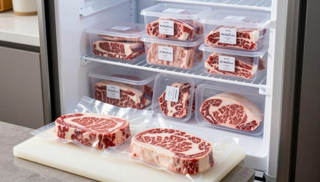 A carefully arranged scene showcasing the proper storage techniques for A5 Wagyu beef. In the foreground, a pristine cutting board displays elegantly packaged A5 Wagyu steaks, wrapped in vacuum-sealed plastic, ensuring freshness. In the middle, a well-organized refrigerator with clear storage containers displaying different cuts of Wagyu, all labeled for easy identification. The background depicts a modern kitchen setting with soft, natural light filtering in, highlighting the importance of temperature control in preservation. The atmosphere conveys a sense of meticulous care, emphasizing the beauty and luxury of A5 Wagyu. The camera angle is slightly above eye level, capturing the depth and organization of the storage while keeping the focus on the beef. A carefully arranged scene showcasing the proper storage techniques for A5 Wagyu beef. In the foreground, a pristine cutting board displays elegantly packaged A5 Wagyu steaks, wrapped in vacuum-sealed plastic, ensuring freshness. In the middle, a well-organized refrigerator with clear storage containers displaying different cuts of Wagyu, all labeled for easy identification. The background depicts a modern kitchen setting with soft, natural light filtering in, highlighting the importance of temperature control in preservation. The atmosphere conveys a sense of meticulous care, emphasizing the beauty and luxury of A5 Wagyu. The camera angle is slightly above eye level, capturing the depth and organization of the storage while keeping the focus on the beef.