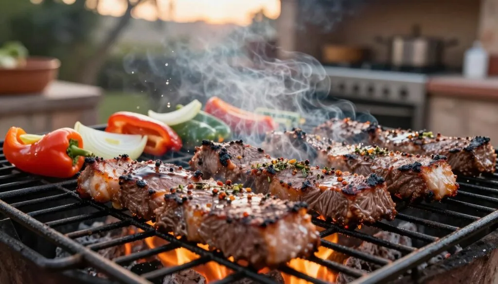 A close-up view of Mexican skirt steak tablitas grilling over a charcoal flame, emitting a beautiful sizzle and smoke. In the foreground, marinated skirt steak pieces are arranged on a grilling rack, glistening with spices and herbs. The middle ground showcases the vibrant colors of fresh vegetables like bell peppers and onions being tossed on the grill alongside the meat, with droplets of marinade pooling around them. The background features an outdoor kitchen setting, with hints of greenery and rustic stone walls, illuminated by warm, golden evening light. This creates an inviting and mouthwatering atmosphere, evoking the rich flavors and joyous essence of traditional grilling in Mexican cuisine. The angle captures the depth of the grilling process, emphasizing the juicy texture and rich colors of the meat.