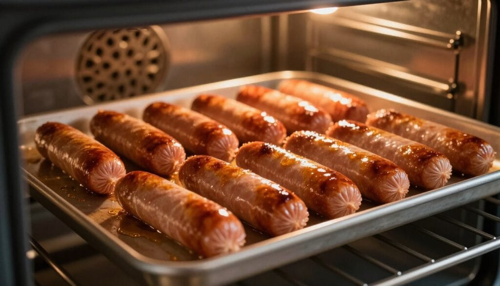 A close-up view of hot dogs cooking in an oven on a silver baking sheet, with a golden brown crust developing on the sausages. The foreground features the hot dogs, glistening with a light coating of oil, arranged in neat rows. The middle ground shows the baking sheet sitting on the oven rack, a warm glow illuminating the scene from the internal oven light, casting soft shadows. In the background, the oven door is slightly ajar, revealing more of the oven's interior, with subtle textures of the oven walls visible. The mood is warm and inviting, evoking the comfort of home cooking. The image is well-lit, with a focus on the textures of the hot dogs, making the viewer feel the anticipation of delicious food preparing to be served. A close-up view of hot dogs cooking in an oven on a silver baking sheet, with a golden brown crust developing on the sausages. The foreground features the hot dogs, glistening with a light coating of oil, arranged in neat rows. The middle ground shows the baking sheet sitting on the oven rack, a warm glow illuminating the scene from the internal oven light, casting soft shadows. In the background, the oven door is slightly ajar, revealing more of the oven's interior, with subtle textures of the oven walls visible. The mood is warm and inviting, evoking the comfort of home cooking. The image is well-lit, with a focus on the textures of the hot dogs, making the viewer feel the anticipation of delicious food preparing to be served.