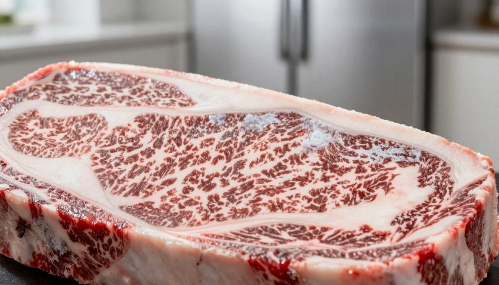 A close-up view of premium A5 Wagyu beef, showcasing distinct signs of freezer burn. The beef is marbled with rich, intricate fat patterns, contrasting with icy freezer burn patches that appear as white, dry, and faded areas on the meat. The foreground highlights the texture of the beef, with a focus on the glistening marbling and roughness of the freezer burn. In the middle ground, a sleek, modern refrigerator can be blurred gently, hinting at the source of the freezer burn. The lighting is soft and natural, casting a cool tone that enhances the freshness of the beef while subtly emphasizing the frostiness. The overall mood is informative and slightly clinical, ideal for a culinary context. A close-up view of premium A5 Wagyu beef, showcasing distinct signs of freezer burn. The beef is marbled with rich, intricate fat patterns, contrasting with icy freezer burn patches that appear as white, dry, and faded areas on the meat. The foreground highlights the texture of the beef, with a focus on the glistening marbling and roughness of the freezer burn. In the middle ground, a sleek, modern refrigerator can be blurred gently, hinting at the source of the freezer burn. The lighting is soft and natural, casting a cool tone that enhances the freshness of the beef while subtly emphasizing the frostiness. The overall mood is informative and slightly clinical, ideal for a culinary context.