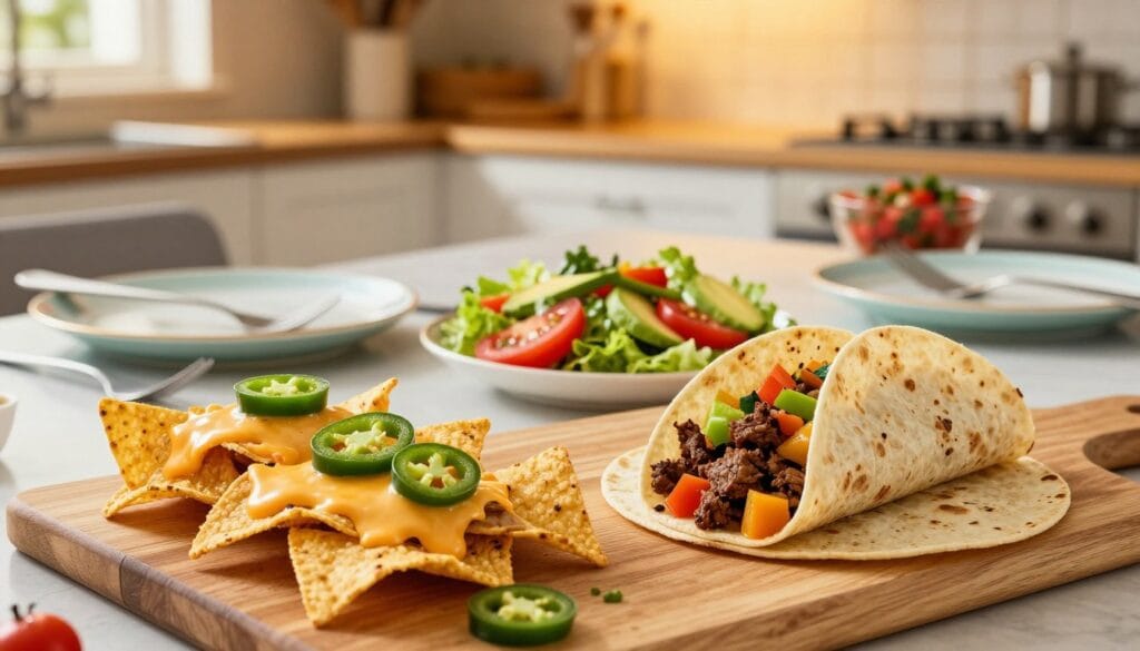A cozy kitchen scene featuring a vibrant spread of easy leftover taco meat ideas for busy weeknight dinners. In the foreground, a wooden cutting board showcases taco-inspired dishes such as nachos topped with melted cheese and jalapeños, a warm taco salad with fresh lettuce, tomatoes, and avocado, and a soft tortilla wrap filled with seasoned beef and colorful veggies. In the middle, a bright table setting with plates, forks, and a bowl of salsa invites appetite. The background features soft, ambient lighting from a warm kitchen window, casting a golden glow over the scene, creating a welcoming and casual atmosphere. The image is shot from a slightly elevated angle to capture the fullness of the dishes and the inviting nature of a weeknight dinner. A cozy kitchen scene featuring a vibrant spread of easy leftover taco meat ideas for busy weeknight dinners. In the foreground, a wooden cutting board showcases taco-inspired dishes such as nachos topped with melted cheese and jalapeños, a warm taco salad with fresh lettuce, tomatoes, and avocado, and a soft tortilla wrap filled with seasoned beef and colorful veggies. In the middle, a bright table setting with plates, forks, and a bowl of salsa invites appetite. The background features soft, ambient lighting from a warm kitchen window, casting a golden glow over the scene, creating a welcoming and casual atmosphere. The image is shot from a slightly elevated angle to capture the fullness of the dishes and the inviting nature of a weeknight dinner.