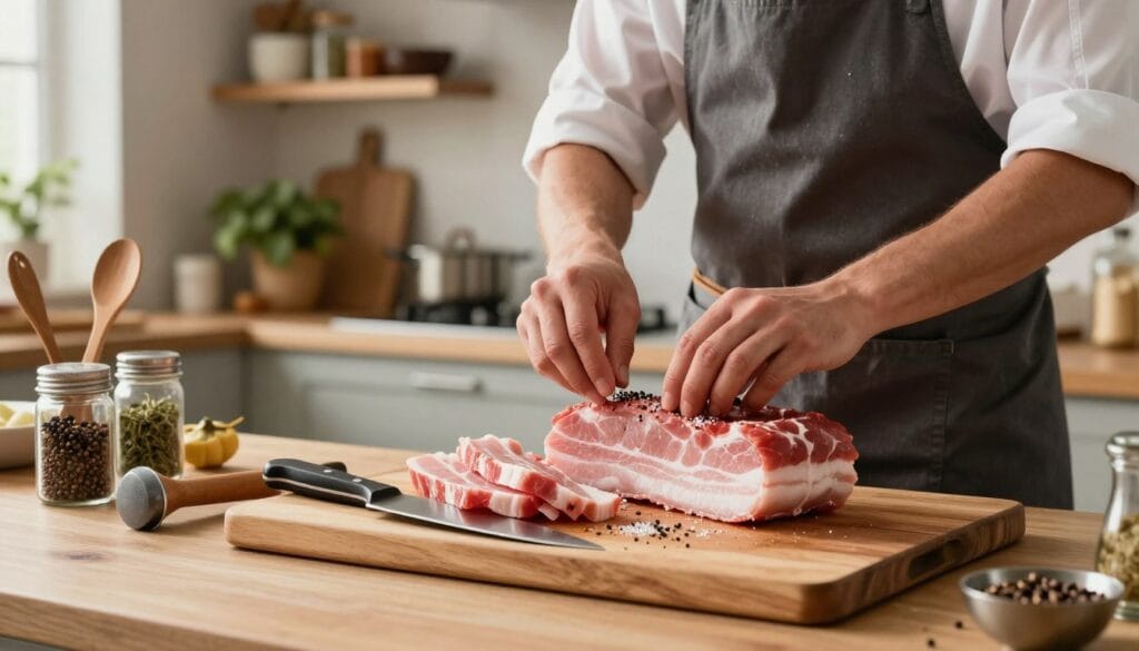 A modern kitchen scene showcasing various pork jowl preparation techniques. In the foreground, a wooden cutting board is adorned with thick slices of pork jowl, a sharp chef's knife glinting nearby. Kitchen utensils like a meat tenderizer and a spice jar filled with herbs are artfully arranged. In the middle, a chef wearing a professional apron meticulously seasons the pork jowl, their focus evident as they sprinkle salt and pepper. The background features neatly organized shelves stocked with various cooking ingredients and tools, bathed in warm, soft lighting to create an inviting atmosphere. The image captures the essence of culinary art, emphasizing the preparation process while providing a visual feast that inspires home cooks. Use a soft focus lens to enhance the professional yet cozy vibe.