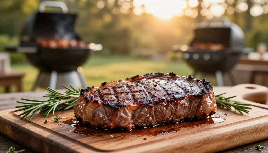 A perfectly grilled steak resting on a wooden cutting board, glistening with juices, surrounded by fresh herbs like rosemary and thyme. In the foreground, a close-up of the steak reveals beautiful char marks and a succulent sear. The middle ground features a soft, blurred background of a picturesque outdoor setting, like a backyard grill area with warm golden sunlight filtering through the trees. The atmosphere is inviting and relaxed, symbolizing the ideal moment of anticipation before serving. The image composition uses a shallow depth of field to emphasize the steak while softly blending the surroundings. Aim for a warm color palette that highlights the rich, appetizing tones of the meat.