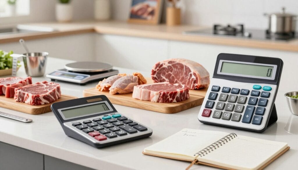 A professional meat per person calculator displayed on a sleek kitchen countertop, surrounded by fresh cuts of meat, measuring tools, and a notebook with handwritten notes. In the foreground, a calculator with large buttons and clear display, featuring a simple, intuitive interface. In the middle, various meats like steaks, chicken, and pork chops elegantly arranged on a wooden cutting board, with measuring cups and a digital scale nearby. The background showcases a bright, modern kitchen with soft, diffused lighting creating a warm and inviting atmosphere. A blurred view of a recipe book on a shelf adds depth. The overall mood is organized and informative, ideal for party planning accuracy.