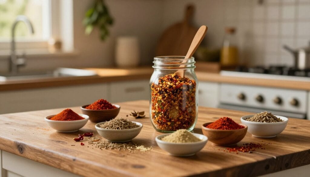 A rustic wooden kitchen countertop serves as the foreground, scattered with vibrant spices in small bowls, including chili powder, cumin, garlic powder, paprika, and more. In the middle ground, there's a glass jar half-filled with a colorful, homemade chicken taco seasoning mix, with a wooden spoon resting beside it. The background features a softly blurred kitchen scene with herbs hanging from the ceiling and a warm, inviting light casting a golden glow across the space. The atmosphere is cozy and homey, evoking a sense of culinary creativity and experimentation. The scene is captured from a slightly angled overhead view, showcasing the textures and colors of the spices, enhancing the visual appeal of customizing flavors for chicken taco seasoning.