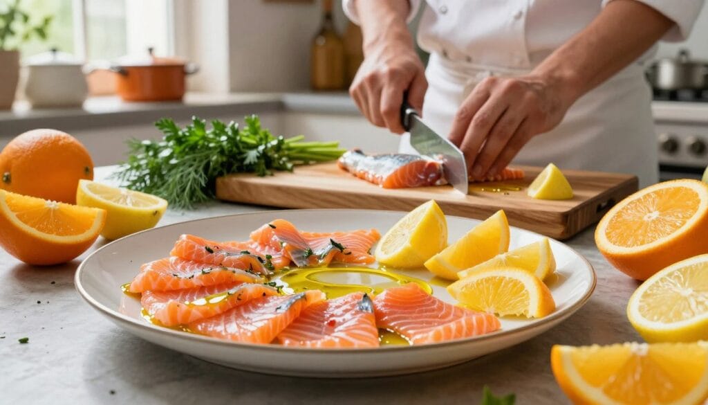 A vibrant Mediterranean kitchen scene showcasing the preparation of salmon crudo. In the foreground, a beautifully arranged plate features thinly sliced fresh salmon drizzled with golden olive oil and garnished with bright citrus segments—juicy oranges and zesty lemons. The middle layer includes a wooden cutting board with a chef skillfully slicing more fish, surrounded by aromatic herbs like dill and parsley. In the background, soft, natural light pours through a window, illuminating rustic kitchen elements such as pots and pans, and fresh vegetables. A serene and inviting atmosphere captures the essence of Mediterranean cuisine, emphasizing freshness and simplicity, while the colors are lively yet harmonious, evoking a sense of culinary art and flavor exploration.