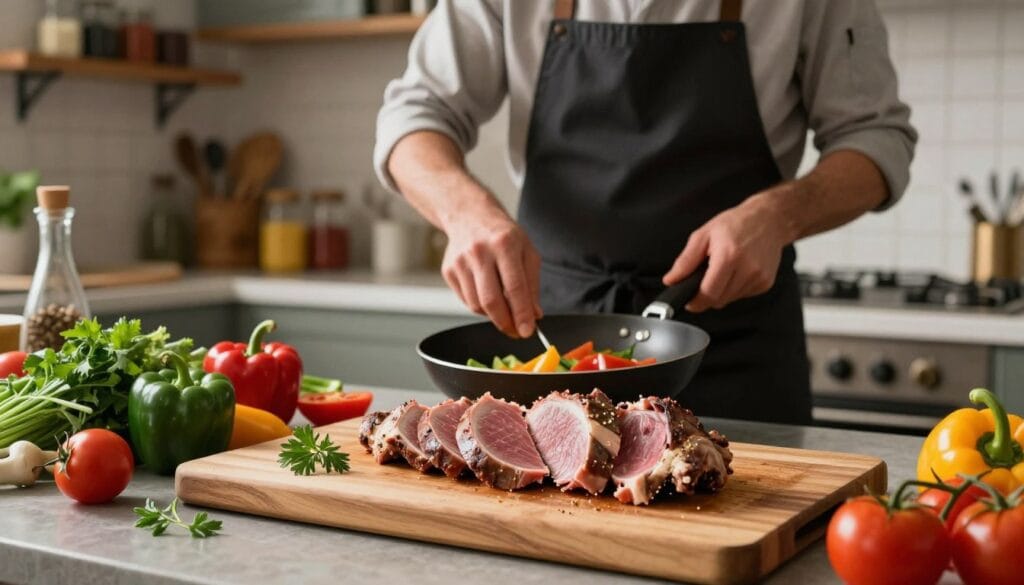 A vibrant kitchen scene showcasing the creative preparation of an emu dish. In the foreground, a wooden cutting board holds succulent emu loin, artfully sliced, surrounded by an array of fresh ingredients: bright green herbs, colorful bell peppers, and ripe tomatoes. In the middle ground, a chef in modest casual clothing, focused and skilled, expertly combines these ingredients in a pan, capturing the essence of culinary artistry. The background features a softly lit kitchen with shelves filled with spices and cooking utensils, exuding a cozy, inviting atmosphere. Warm, natural lighting enhances the textures and colors of the food, while a shallow depth of field creates an intimate focus on the dish preparation process, celebrating the creativity and flavor in cooking with emu meat.