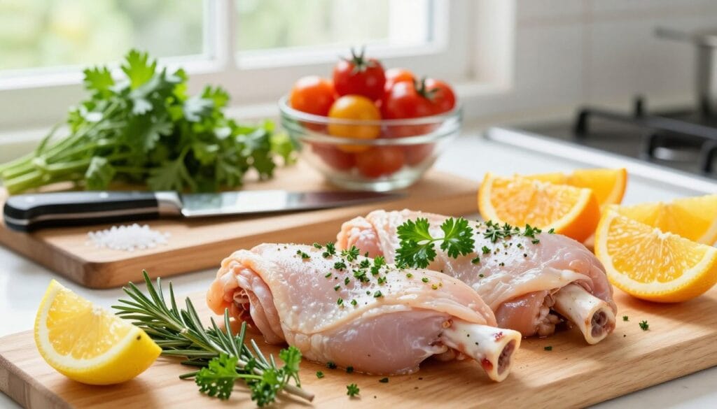 A vibrant kitchen setting featuring an array of fresh ingredients for preparing a healthy chicken dish. In the foreground, display boneless skinless chicken thighs marinated with chopped fresh herbs like rosemary, thyme, and parsley, alongside wedges of citrus fruits like lemon and orange. The middle ground showcases a wooden cutting board with a chef’s knife, a bowl of colorful cherry tomatoes, and a sprinkle of sea salt. In the background, natural light streams through a window, illuminating the scene and enhancing the fresh, bright colors of the ingredients. The atmosphere is inviting and cheerful, conveying the essence of healthy cooking. Use a soft focus to create a warm, homey feel, with a slight depth of field to draw attention to the preparation area.