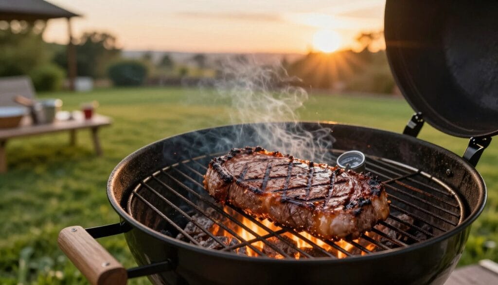 A vibrant outdoor scene featuring a charcoal grill prominently in the foreground, sizzling a perfectly marbled steak with visible grill marks. The grill has a temperature control gauge, showcasing how it regulates heat. The middle ground highlights a well-manicured lawn setting with grilling utensils nearby, emphasizing a casual but focused grilling atmosphere. In the background, soft sunset lighting bathes the scene in warm hues, enhancing the idyllic outdoor cooking experience. The angle is slightly above, giving a bird’s-eye view that captures both the steak and the grilling process. The overall mood is inviting and relaxed, ideal for a summer evening barbecue. The image is devoid of any captions or text, purely illustrating the art of charcoal grilling.