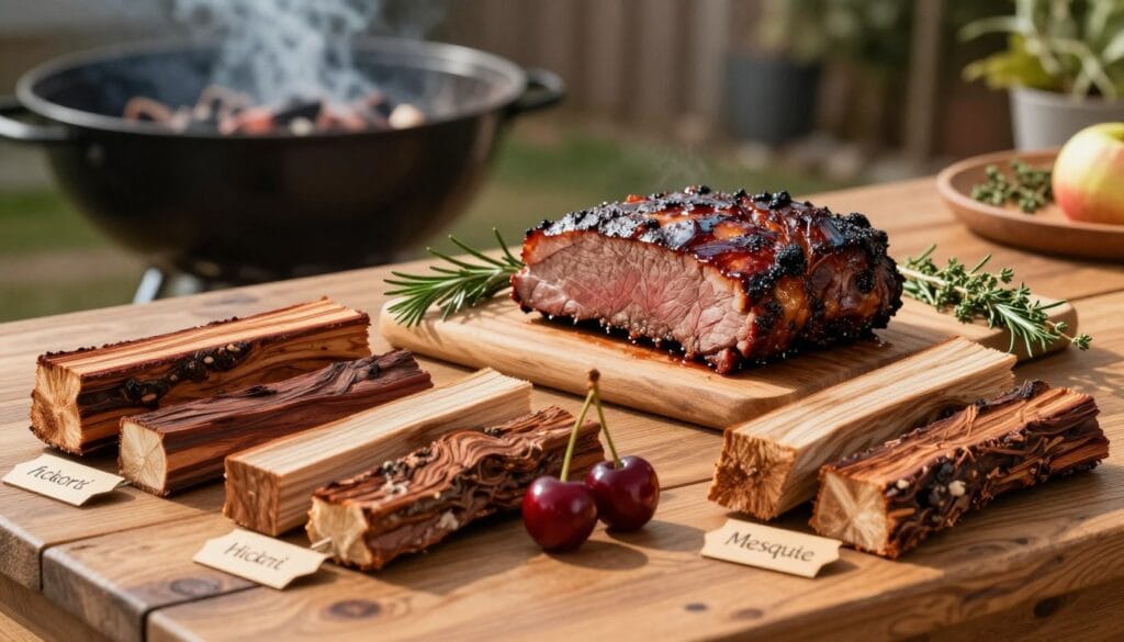 A visually appealing selection guide for the best wood for smoking corned beef, arranged elegantly on a rustic wooden table. In the foreground, display an assortment of smoking wood types: hickory, apple, cherry, and mesquite, with their distinct grain patterns and colors showcased. Each wood type should be labeled with small, tasteful tags. The middle ground features a beautifully smoked corned beef brisket, glistening with a rich, smoky glaze, surrounded by sprigs of herbs like rosemary and thyme. In the background, create a softly blurred outdoor barbecue setting with a gentle smoke rising, evoking a warm, inviting atmosphere. The lighting should be warm and natural, casting soft shadows and highlighting the textures of the wood and meat, as if captured on a sunny afternoon.