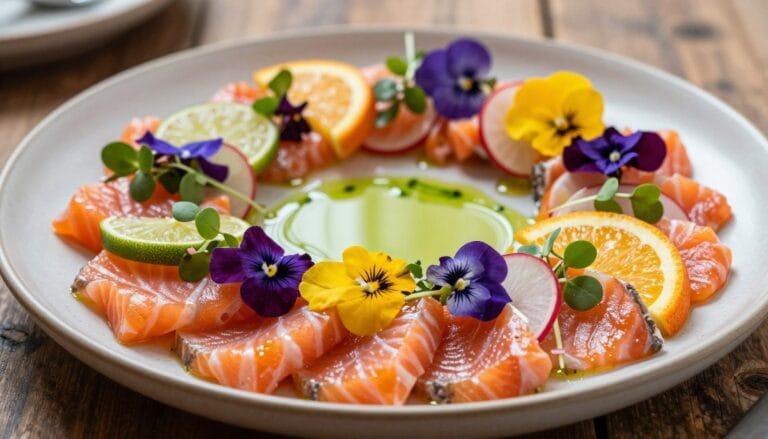 A visually striking presentation of salmon crudo garnished with an array of creative elements. In the foreground, a beautifully arranged plate showcases thinly sliced salmon, glistening with freshness. Surrounding the fish, colorful garnishes include vibrant microgreens, delicate edible flowers in shades of purple and yellow, and slices of citrus fruits like lime and orange for a pop of color. In the middle, a drizzle of bright green herb oil glistens and interspersed radish slices add a crunchy contrast. The background features a softly blurred rustic wooden table, enhancing the natural feel. The lighting is soft and warm, highlighting the textures of the fish and garnishes, creating an inviting and appetizing atmosphere. The perspective is slightly top-down, capturing the artistry of the dish without any distractions, ensuring the focus remains on the garnished salmon crudo.