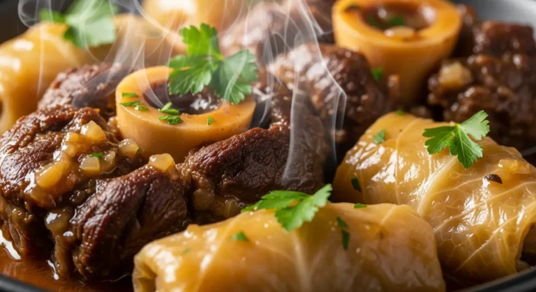 Delicious slow-cooked beef shank in rich savory sauce, tender meat falling off the bone with fresh vegetables