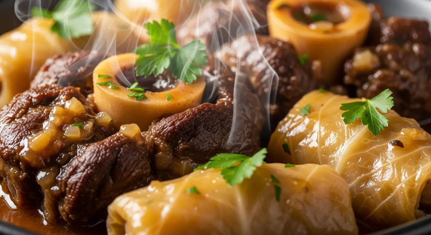 Delicious slow-cooked beef shank in rich savory sauce, tender meat falling off the bone with fresh vegetables