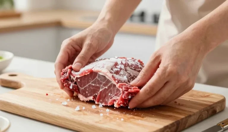 Frozen beef on cutting board with ice crystals, ready for cooking