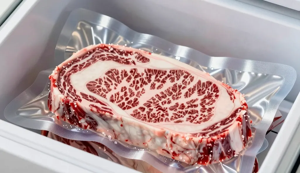 A5 Wagyu beef steak in vacuum-sealed packaging with ice crystals in freezer