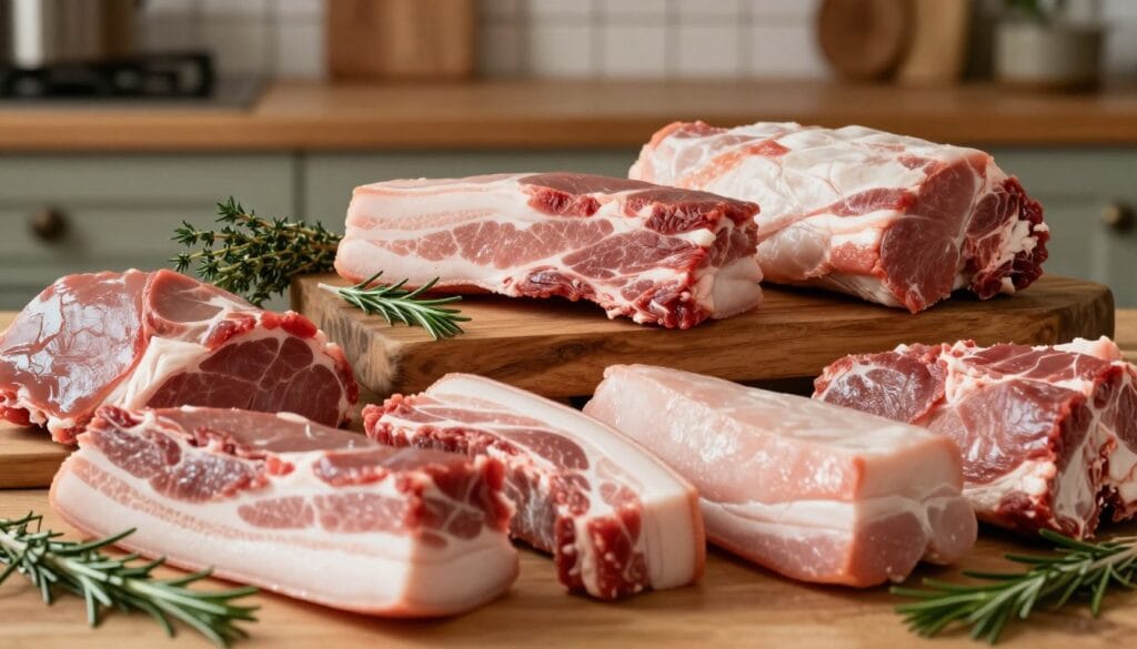 Hungarian mangalitsa pork cuts showing marbling and fat quality