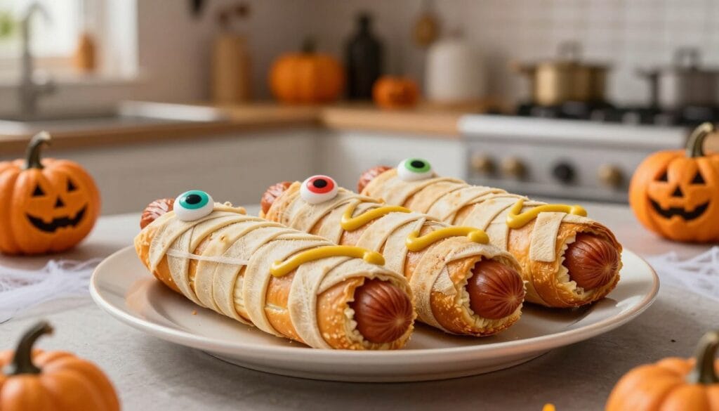 In a whimsical kitchen setting, create a plate full of Halloween mummy hot dogs, artistically wrapped in strips of flaky pastry to resemble mummy bandages. Each hot dog features large, colorful candy eyes that give a playful, spooky vibe, and intricate details of mustard swirls on the pastry to enhance the decoration. The foreground should highlight the beautifully crafted mummy hot dogs, while the middle ground features a softly blurred kitchen countertop adorned with Halloween-themed decor, like tiny pumpkins and spiderwebs. In the background, warm lighting casts a cozy, festive atmosphere, evoking the spirit of Halloween. Focus on a close-up angle to emphasize the texture and creativity of the hot dogs, ensuring the scene feels inviting and fun, perfect for a Halloween celebration.