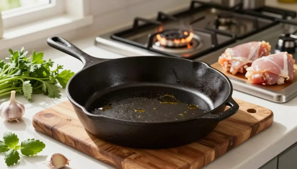 Preparing cast iron skillet for cooking chicken