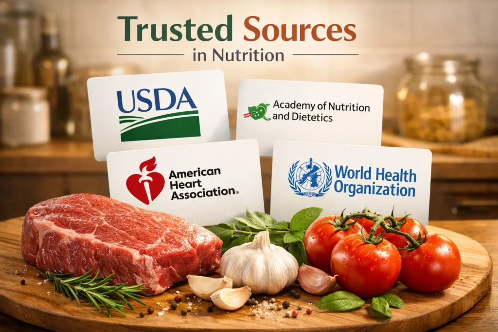 Trusted nutrition logos with fresh vegetables and herbs