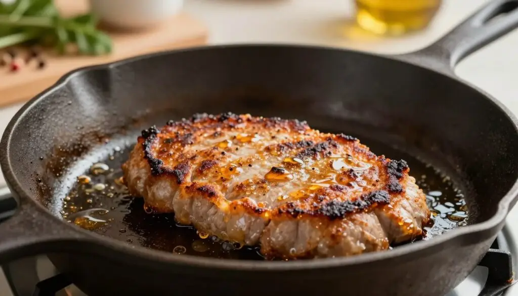 fried pork cutlet cooking in cast iron skillet