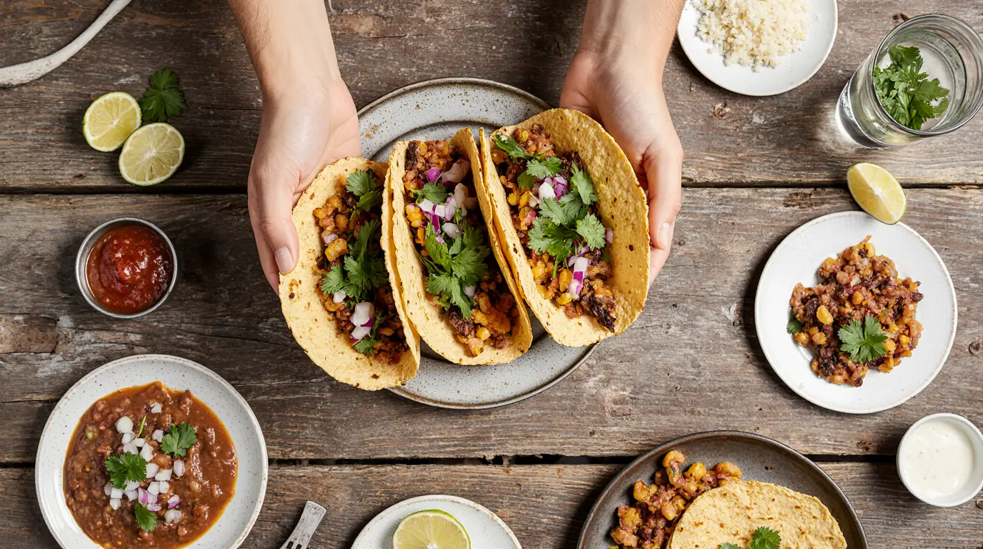 Ground meat tacos served with simple toppings