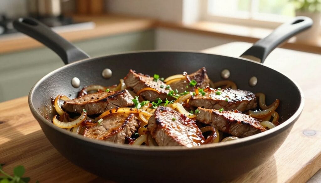 pan fried liver and onions in a skillet
