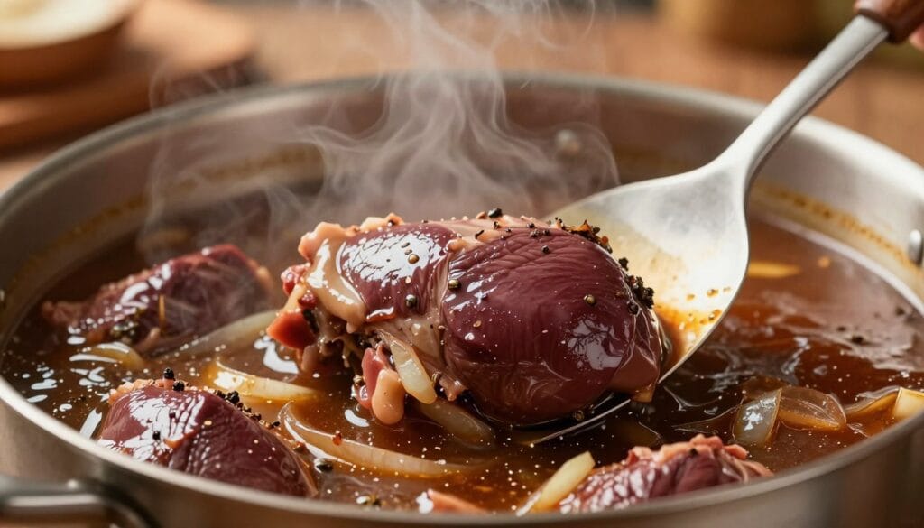 slow cooking beef heart in braising liquid