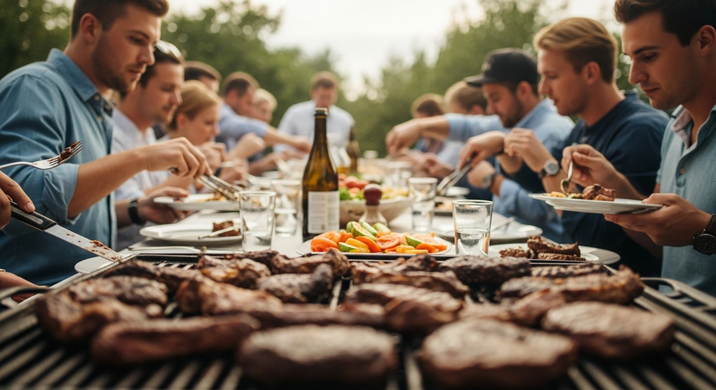 A large BBQ spread showing different cuts of meat on a table for a group