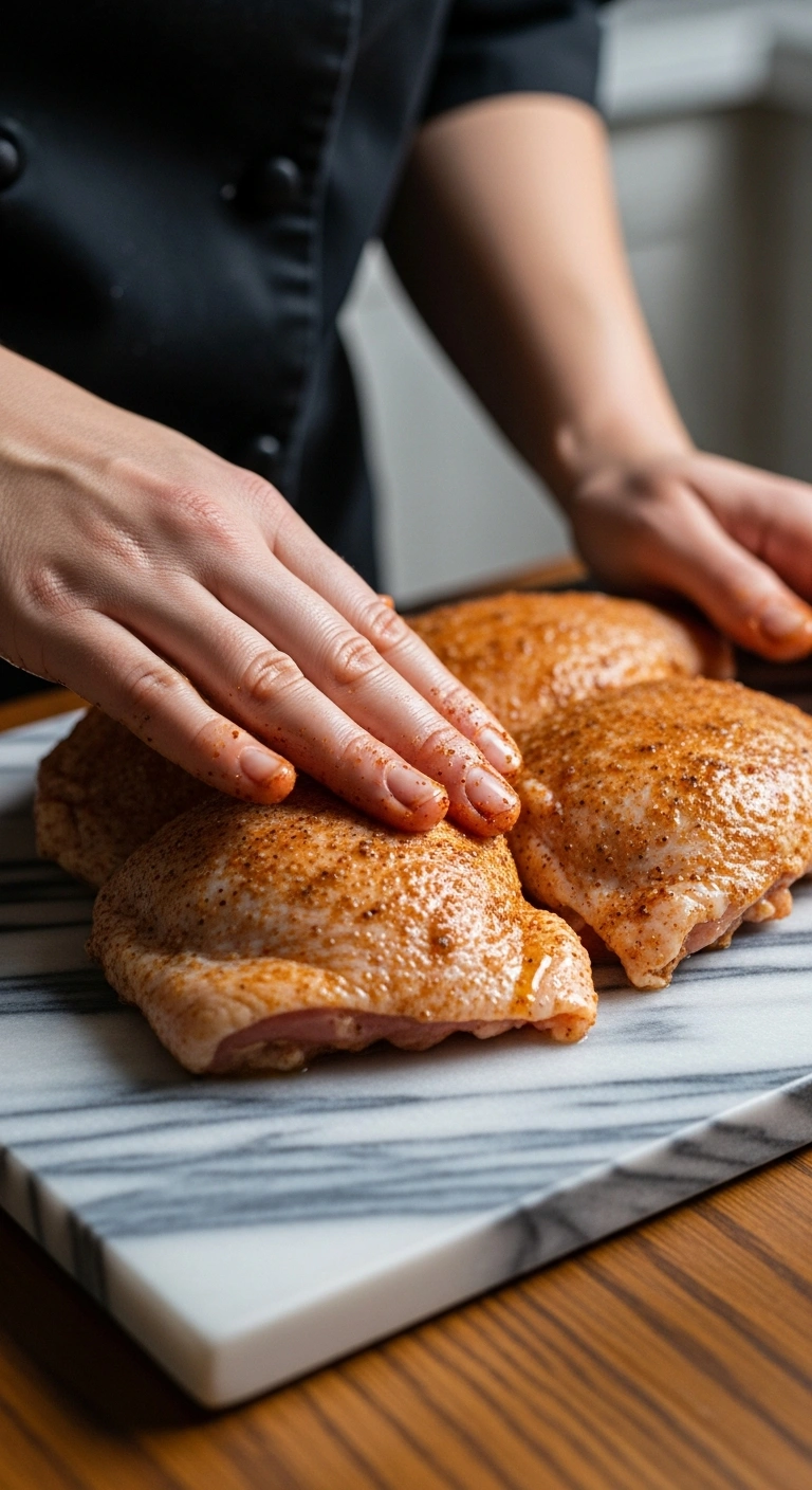 Step 2: Rubbing chicken taco seasoning onto chicken thighs