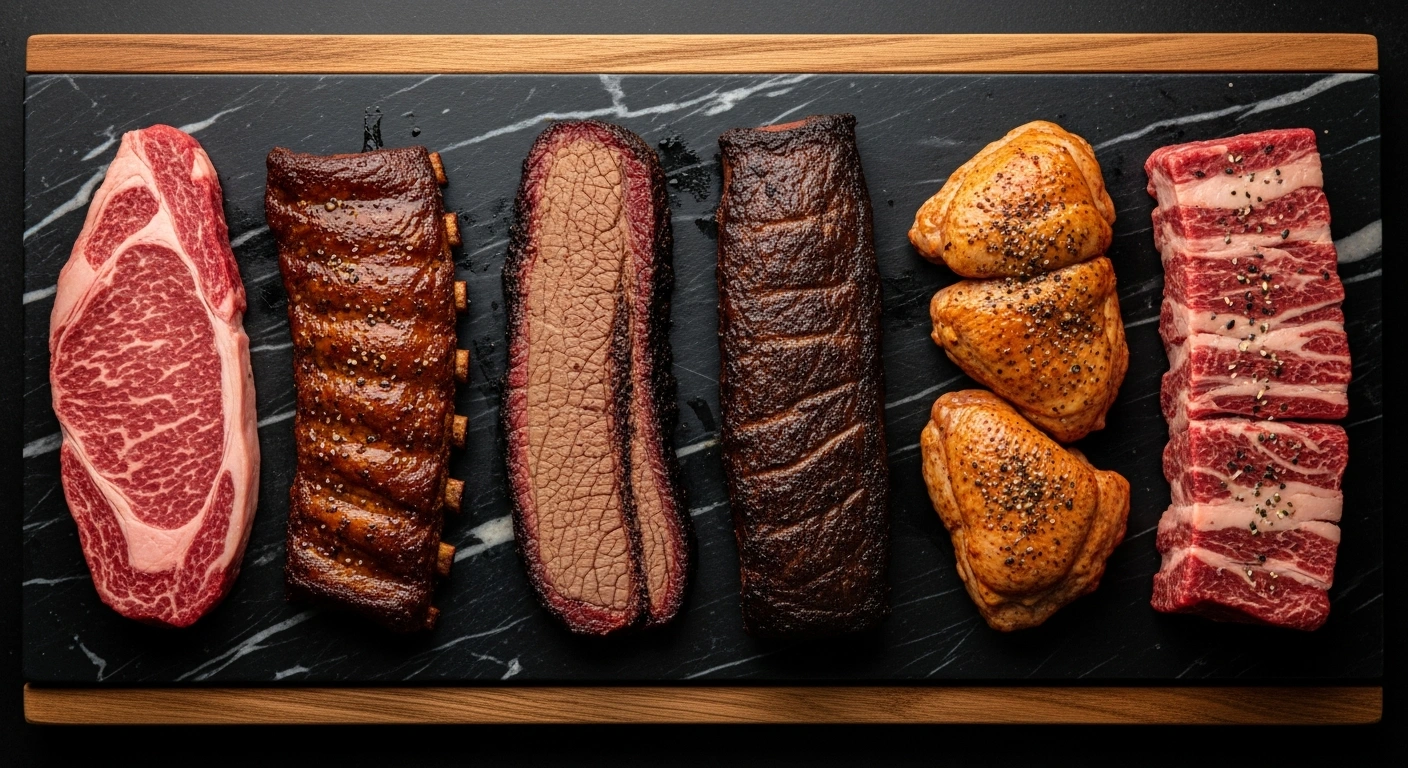 Different cuts of meat displayed with portion weight labels showing how much per person