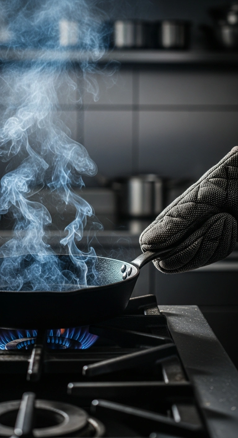 Step 3: Cast iron skillet heated to smoking before adding chicken