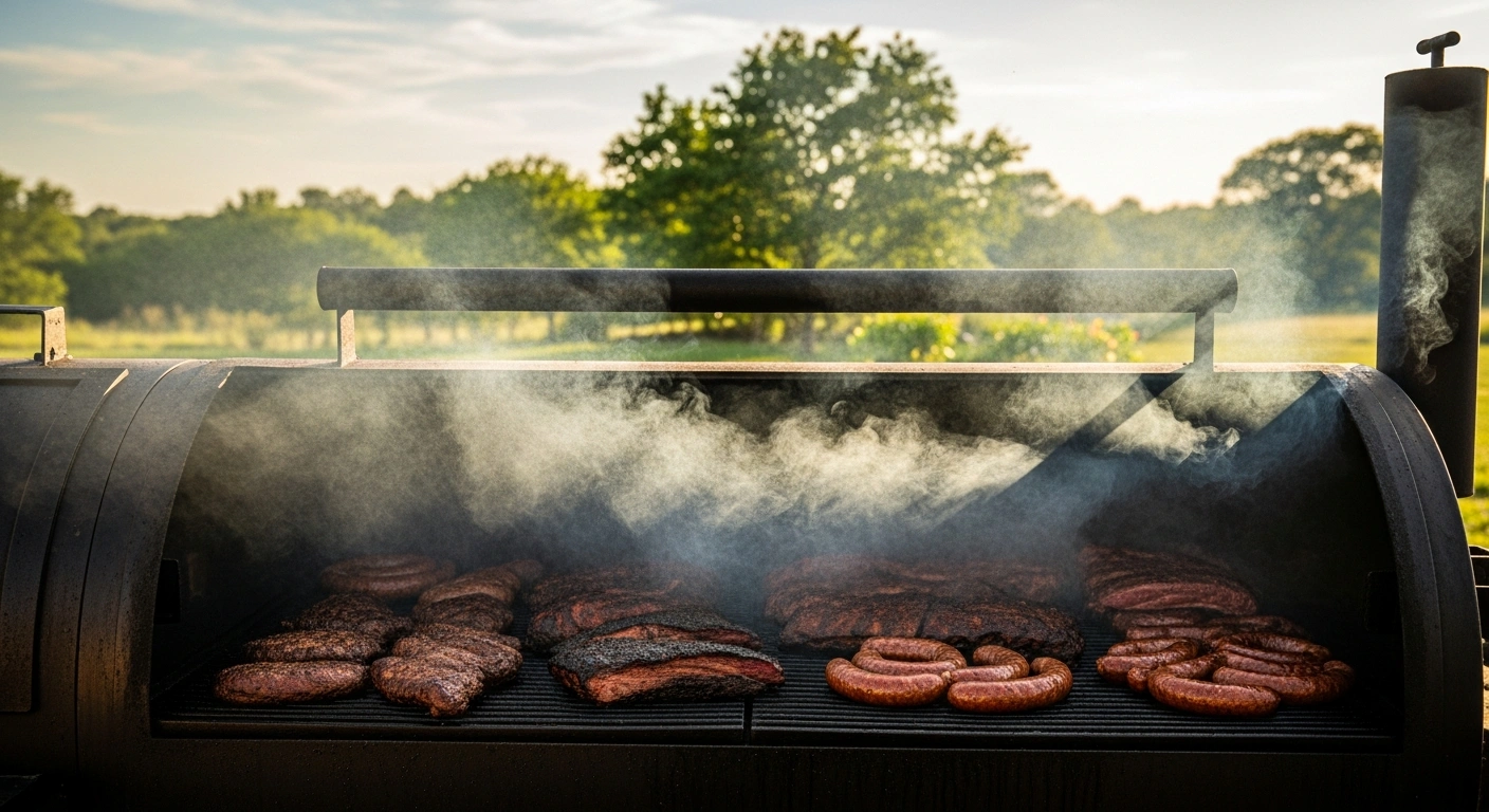 A Texas-style outdoor BBQ gathering with large cuts of meat on the grill