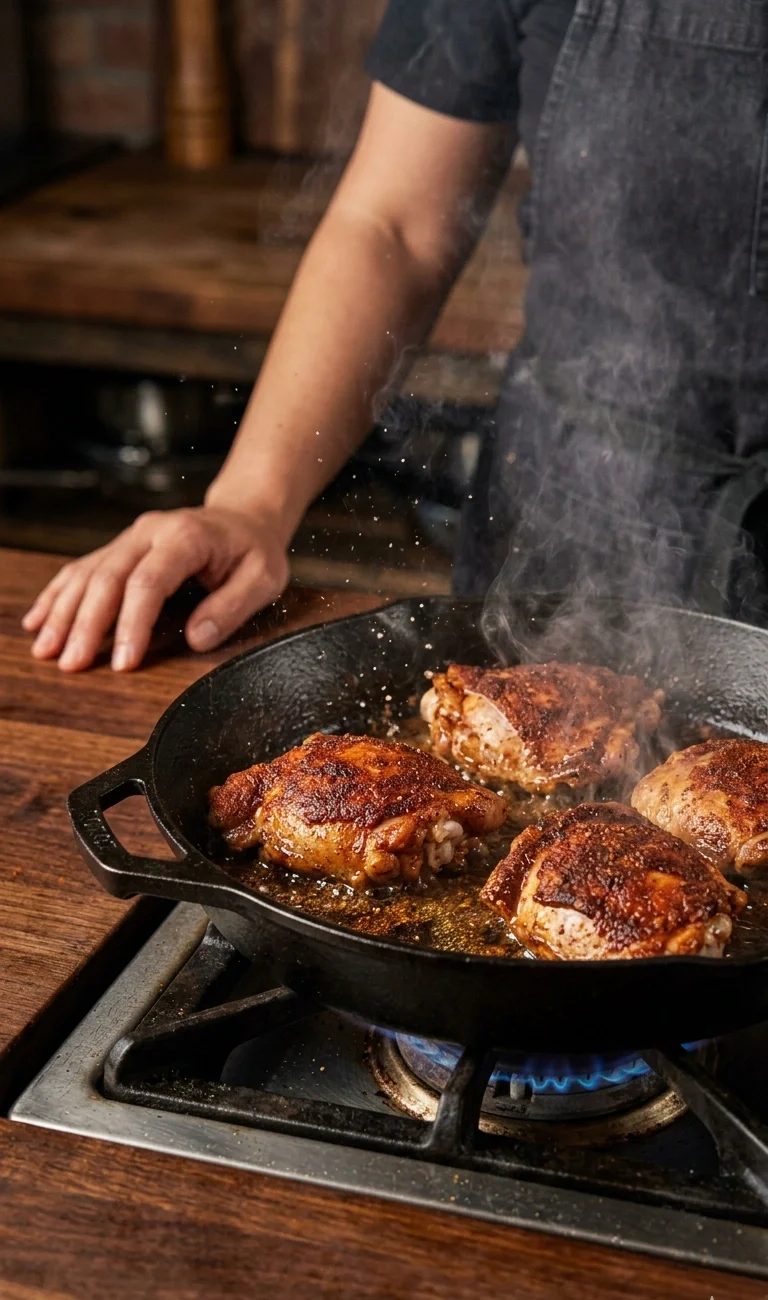 Step 4: Chicken thighs searing in cast iron skillet without moving