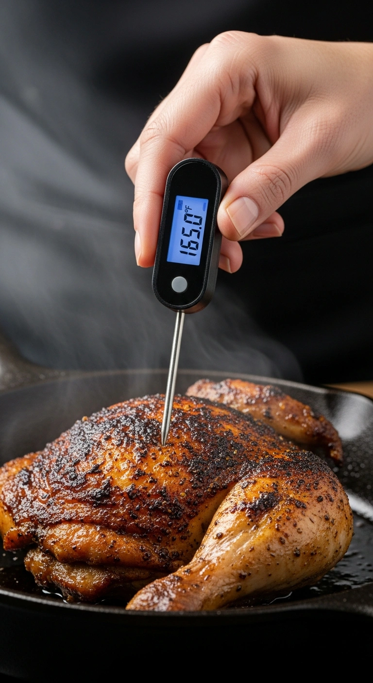 Step 5: Checking chicken thigh internal temperature with thermometer at 165°F