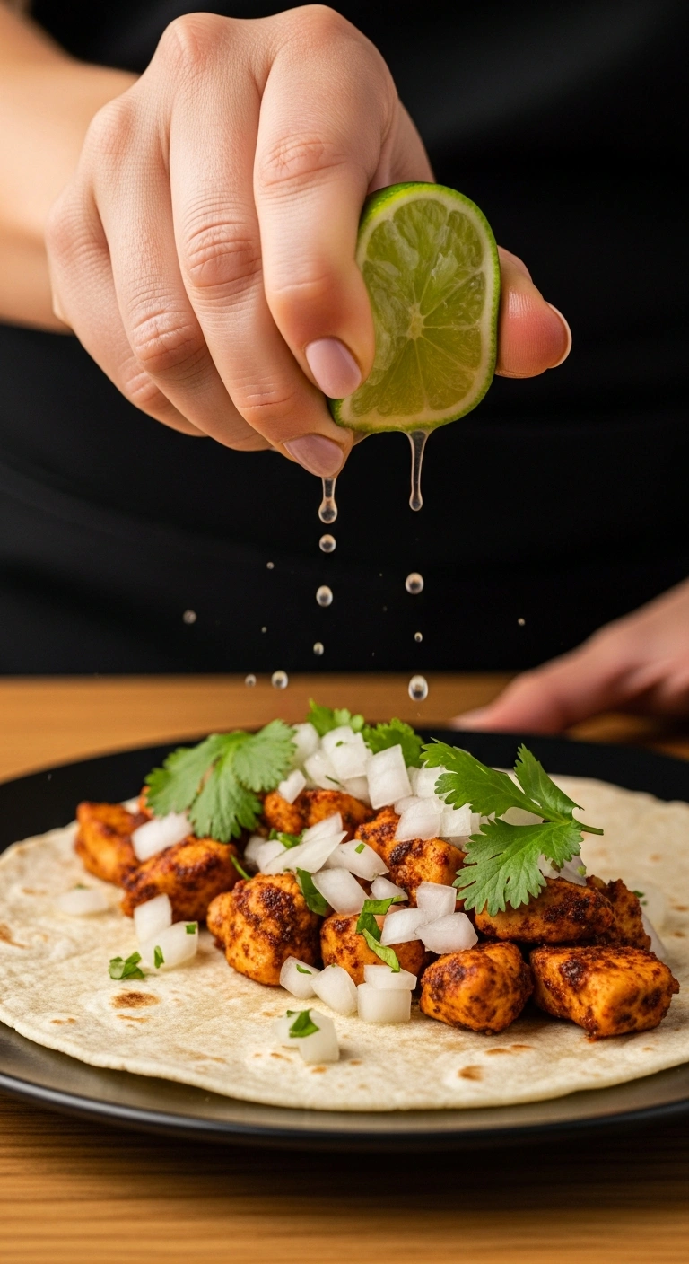 Step 6: Sliced chicken taco filling served Texas-style in warm tortillas with lime and cilantro