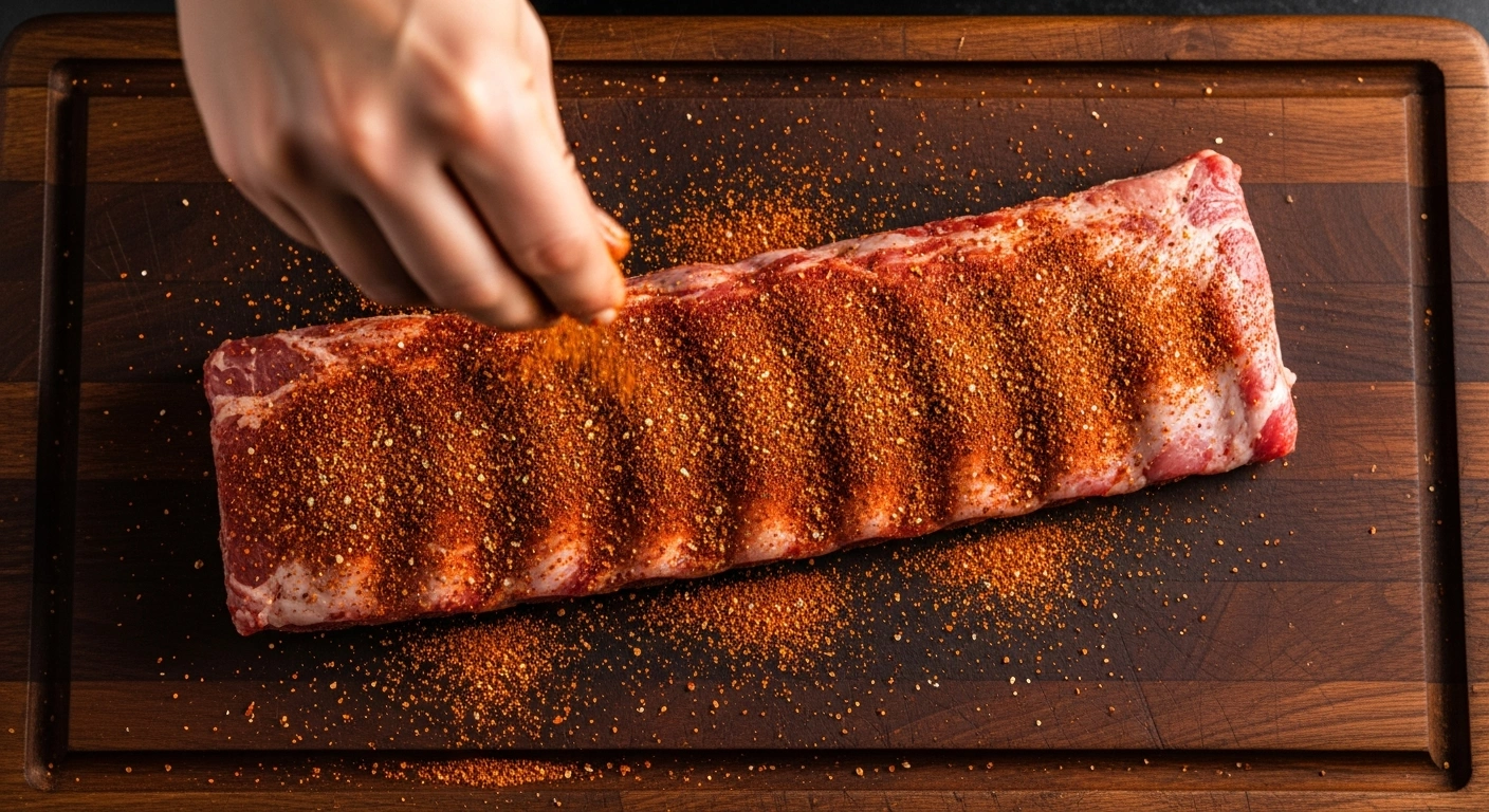 applying dry rub to st louis ribs for the oven
