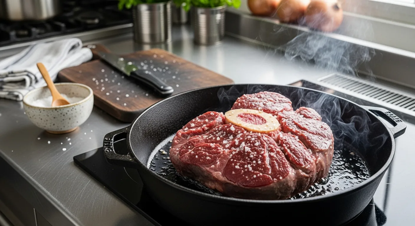 searing beef shanks in a Dutch oven