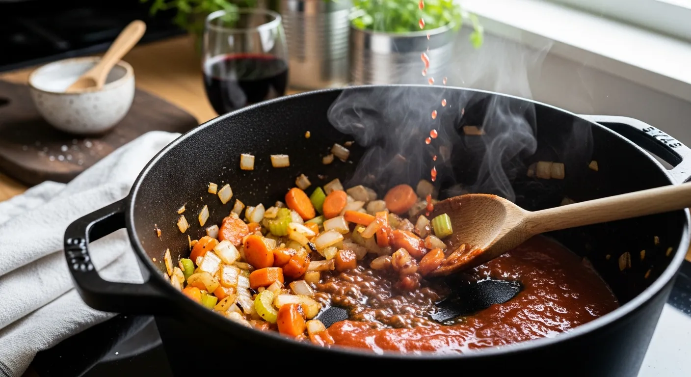 braising base with onion carrot celery garlic and tomato paste for beef shank