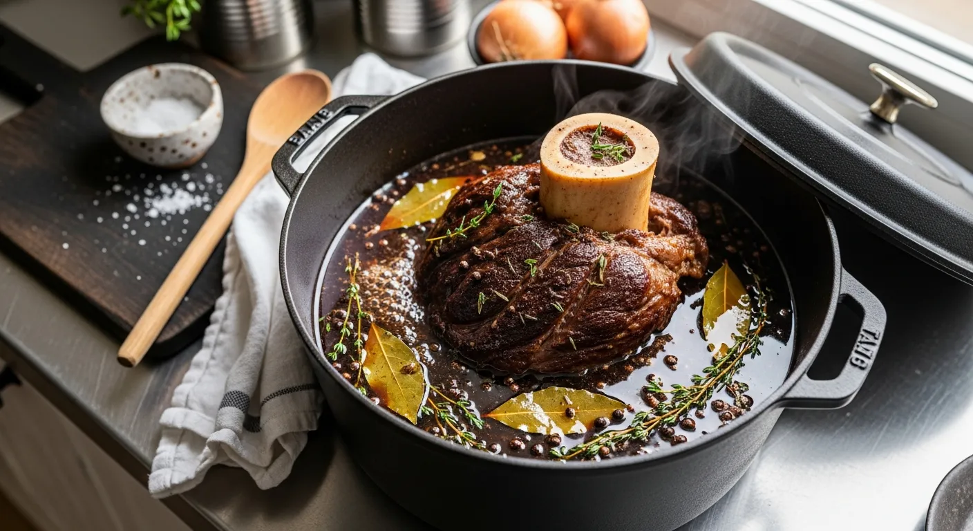 beef shanks braising in a covered Dutch oven
