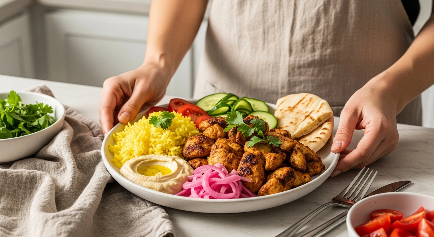 Chicken shawarma platter with rice, pita, salad, and creamy sauce